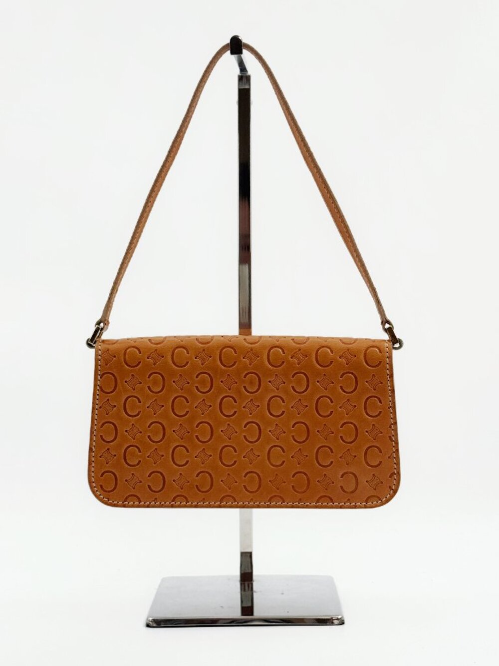 Vintage CELINE Brown Leather Embossed Logo Shoulder Bag Baguette Purse